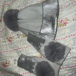 Metallic Silver Hat & Fingerless Glove Set-with Pom Pom Trim